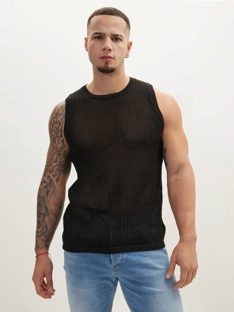 Men's Sleeveless Knitted Vest - Black - View 1
