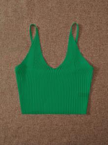 SHEIN Essnce Women's Solid Color Ribbed Knit Camisole Top - Green - View 5
