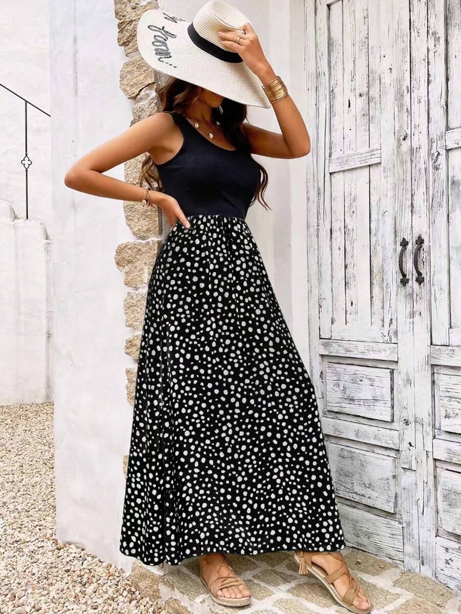 Breezaya Sleeveless Polka Dot Splicing Printed Dress Maxi Vacation Beach Outfits Women - Black - View 1