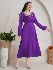 Modelyn 女士连衣裙，配有水钻装饰、毛皮拼布和灯笼袖长晚礼服 - 紫色 - 查看 6
