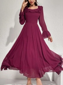 Modelyn 纯色荷叶边装饰腰带连衣裙，优雅晚会礼服，新年服装长款晚礼服 - 紅色 - 查看 6