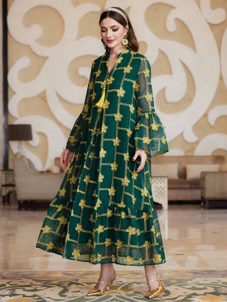 Floral Embroidered Flared Sleeve Notch Neckline Evening Jalabiya Dress, Elegant Evening Party Maxi Dress