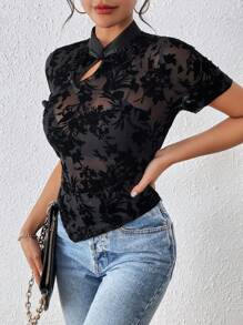 SHEIN Unity 透明植物刺繡上衣,帶有紐扣細節