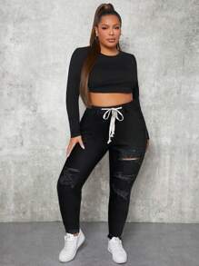 SHEIN SXY Plus Size Elastic Waist Versatile Jeans - Black - View 5