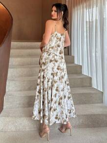 SHEIN Essnce Women's Vintage Floral Printed Spaghetti Strap Dress - Brown - View 2