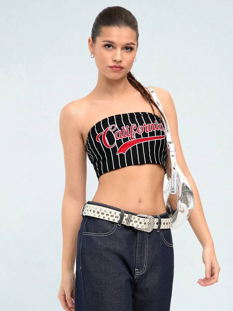 Striped Strapless Top With Letter Print