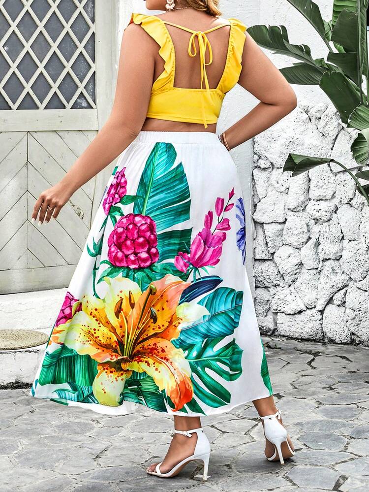 Plus Tie Backless Ruffle Armhole Crop Top & Tropical Print Skirt Set