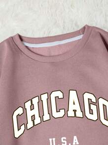 SHEIN Versatile Girly Snug Fit Pastel Pink Crew Neck Sweatshirt With City Name Print, Suitable For School, Commute, Outdoor Activities, Club Events, Family Gatherings, Spring/Autumn - Dusty Pink - View 3