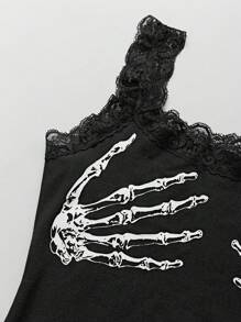 SHEIN Unity 修身拼接蕾丝骷髅手印花背心图案 T 恤女式上衣 - 黑色 - 查看 5