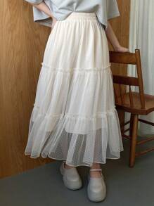 FRIFUL 女性網紗和褶邊中長裙 - 米色 - 查看 4