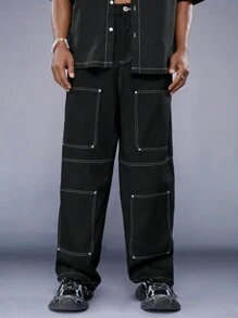 Manfinity RebelGame Men's Casual Straight Leg Pants With Contrast Stitching