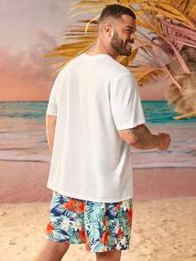 Manfinity RSRT Ensemble casual d'été pour hommes de grande taille, t-shirt et short à imprimé tropical contrasté, plage, Hawaï, tropical, coloré, manches courtes - Multicolore - Voir 2