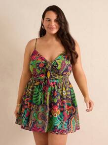 Forever 21 Plus Size Plant Print Gathered Waist Spaghetti Strap Dress - Apricot - View 3