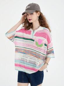 Kem chống nắng Rỗng Áo Knit ngọn 2023 Xu hướng Mới Đan Áo polo Đối với phụ nữ Áo Với Dễ thương Patch Giải trí Áo Đối với phụ nữ Ins - Hồng - Xem 1