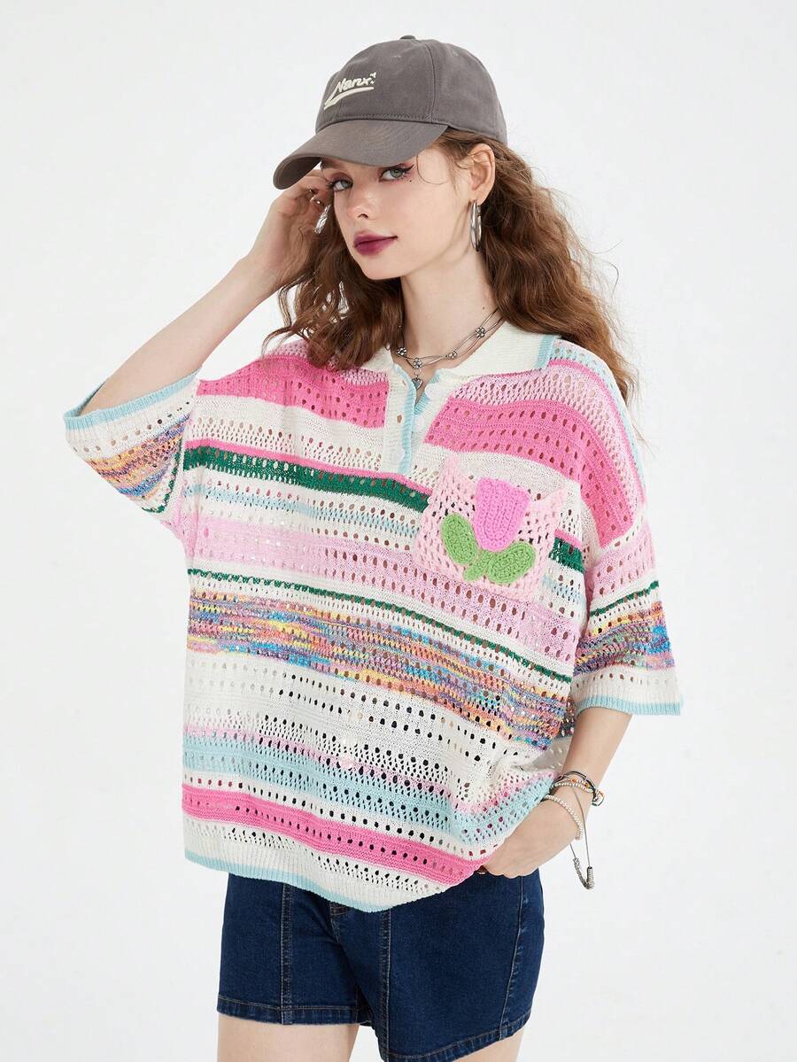 Kem chống nắng Rỗng Áo Knit ngọn 2023 Xu hướng Mới Đan Áo polo Đối với phụ nữ Áo Với Dễ thương Patch Giải trí Áo Đối với phụ nữ Ins - Hồng - Xem 1