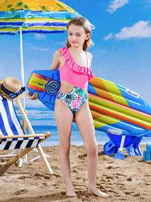 Girls' Tropical Print Cutout One Piece Swimsuit With Patchwork - Multicolor - View 7