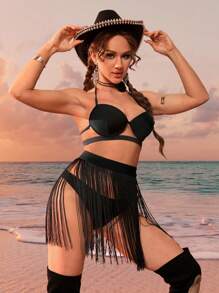 Swim EVENT Women's Solid Color Bikini Set Summer Beach - Black - View 4