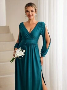 SHEIN Belle Surplice Neck Split Sleeve Bridesmaid Dress - Dark Green - View 5