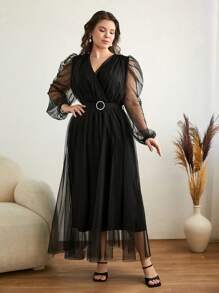 Plus Size Frenchy Belted Dress With Tulle Overlap Collar Puff Sleeves