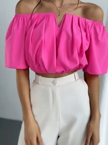 Aloruh Blusa de mujer con escote en V y hombros descubiertos, cintura marcada y mangas cortas