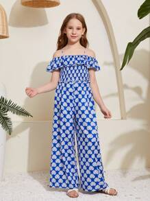 SHEIN 2pcs Tween Girls' Shell Printed Top With Ruffle Trim And Woven Loose Casual Pants Set - Blue - View 3