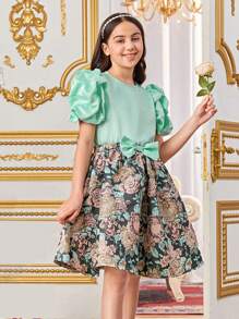 SHEIN Tween Girls' Lovely Retro Palace Style Round Neck Blouse With Puff Sleeves & Flower Jacquard Skirt Set