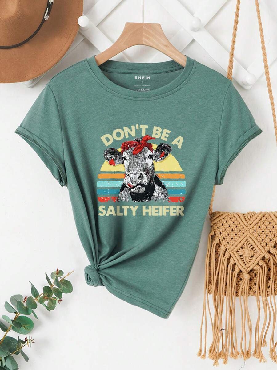 SHEIN LUNE 女標語乳牛印花短袖 T 卹 - 墨綠色 - 查看 1