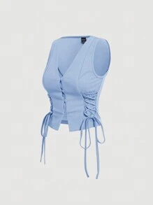 SHEIN MOD Retro Vintage Clothes Crossed Frenulum Drawstring Side Crop Tank Top - Blue - View 2