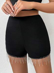 SHEIN Privé Shorts De Borlas Negras Para Mujer - Negro - Ver 4