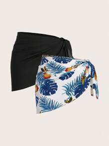 SHEIN VCAY Multi-Item Vacation Solid Color Waistband & Printed Wrap Sarong Skirt - Multicolor - View 2