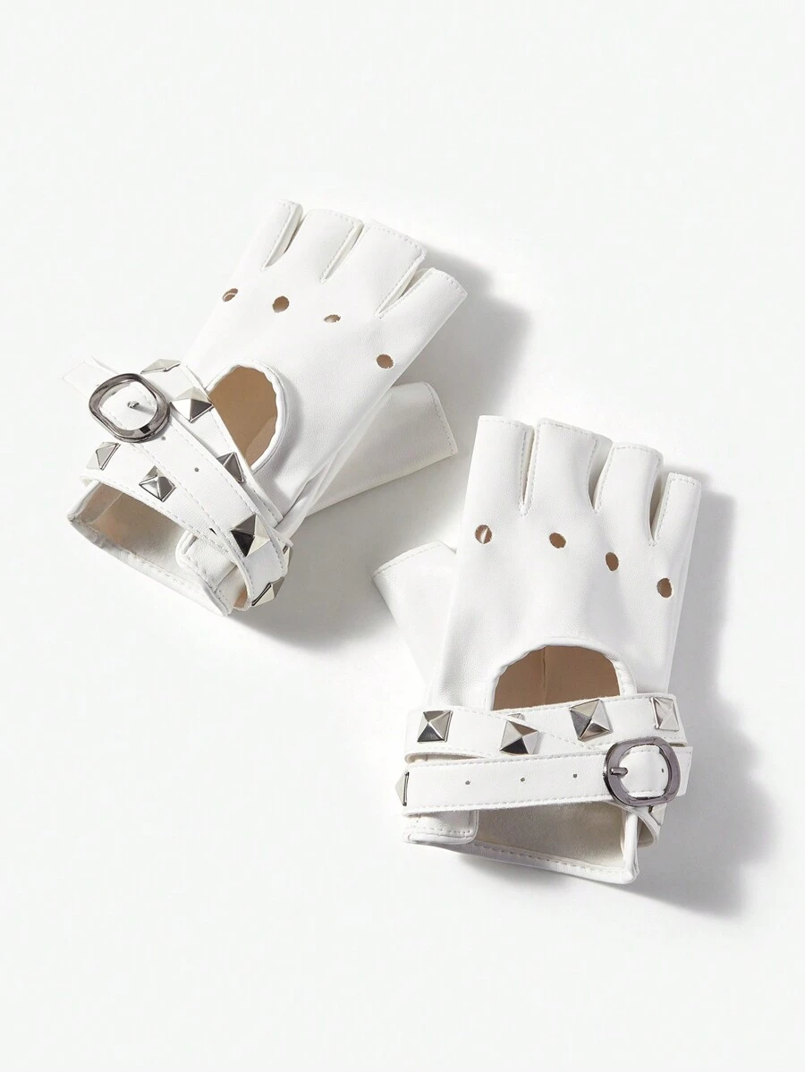 SHEIN ICON 1雙女性波西米亞風格和街頭風格,破舊、末日美學,金屬鉚釘細節無指手套,適合休閒穿著 - 白色 - 查看 1