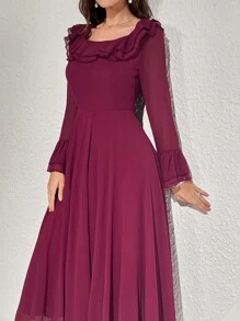 Modelyn 纯色荷叶边装饰腰带连衣裙，优雅晚会礼服，新年服装长款晚礼服 - 紅色 - 查看 4