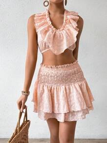 Breezaya Ensemble deux-pièces avec broderie ajourée et volant de couleur unie - Vieux Rose - Voir 4