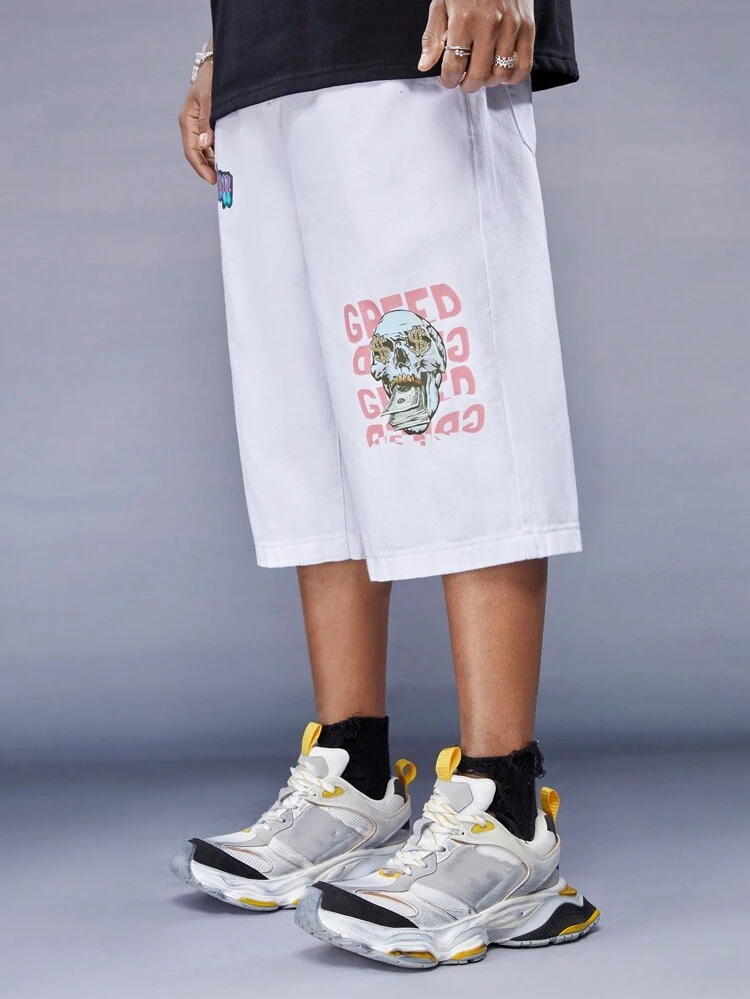 Men's Skull & Letter Print Casual Denim Shorts