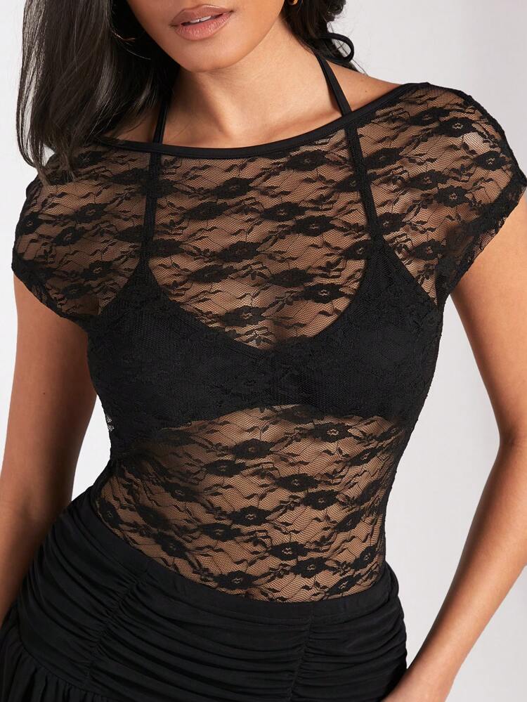 Lace Floral Perspective Sexy Backless Slim Fit Short Sleeve Bodysuit For Women