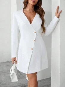 GENKIRA Vestido De Estilo Occidental De Manga Larga Con Cuello En V Y Cierre De Botón Para Mujer - Blanco - Ver 6