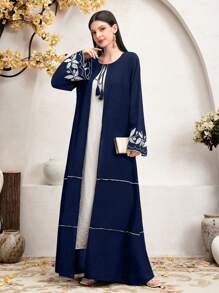 Al Najma 女士拼接植物印花波浪袖謙遜全長阿巴雅裙 - 藏蓝色 - 查看 4