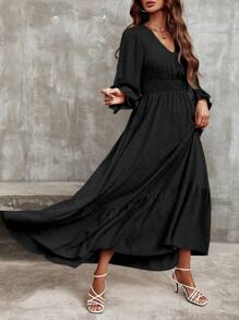 EMERY ROSE Solid Color V-Neck Elastic Waist Ruffled Hem Dress Maxi Women Outfit Fall Cloth For Women - Black - View 3