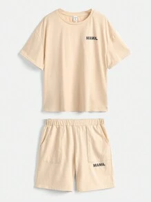 SHEIN Bộ áo thun cổ tròn họa tiết chữ Tween Loose Fit + quần short - Màu Khaki - Xem 1