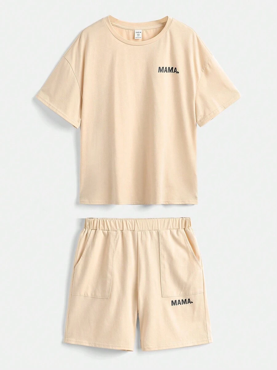SHEIN Bộ áo thun cổ tròn họa tiết chữ Tween Loose Fit + quần short - Màu Khaki - Xem 1