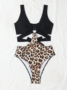 SHEIN Swim Summer Beach Splicing Leopard Hollow Out V-Neck Ring Linked One-Piece Swimsuit - Multicolor - View 5