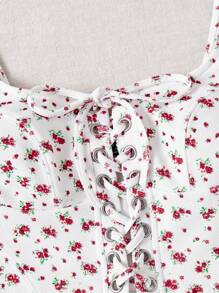 Soleia Leisure Vacation Cami Top With Ditsy Floral Printed, Metal Ring Eyelet Details And Cross Straps - Multicolor - View 7
