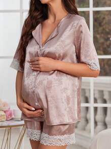 Set di pigiami in seta con pizzo, con bordi jacquard, collo a V, per donne in gravidanza