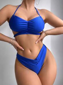 SHEIN Swim 女士褶饰挂脖系带比基尼套装 夏季海滩 - 寶藍色 - 查看 1