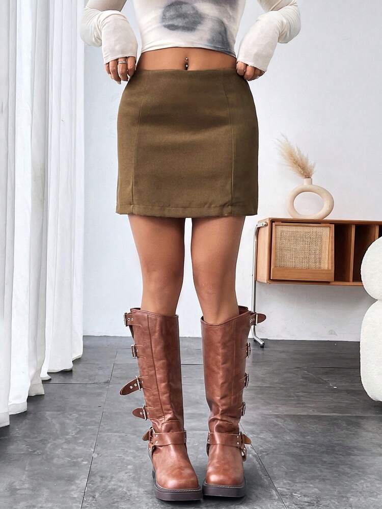 Solid Zipper Back Skirt