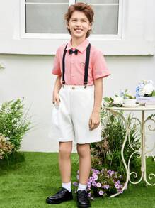 SHEIN 10-14歲男童2入組鬆身優雅紡織海鷗印花短袖襯衫，配上領結和吊帶短褲 - 粉色 - 查看 7
