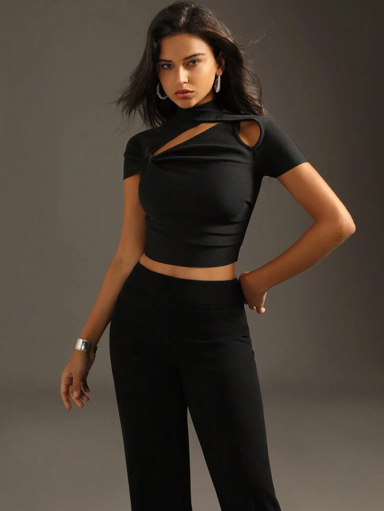 Ladies' Solid Color Twist Knit Cut Out Cropped Top
