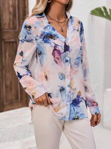 Breezaya 花卉印花雪纺衬衫搭配 V 领女式衬衫 - 彩色 - 查看 6