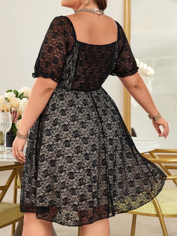 Plus Size Lace Spliced Sweetheart Neckline Dress With Waist Cincher