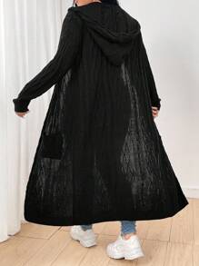 Calvaya Plus Solid Open Front Hooded Longline Cardigan - Black - View 2